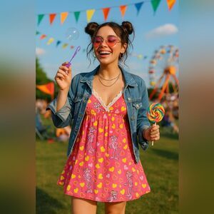 Y2K Retro Pink Panther Heart Print Babydoll Nightgown Sleep Dress S Whimsy Dollc